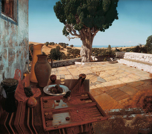 Die Zypresse im Kloster Hagios Athanasios auf Samothrake, Öl/Eitempera/Leinwand, 110 x 125 cm, 2005